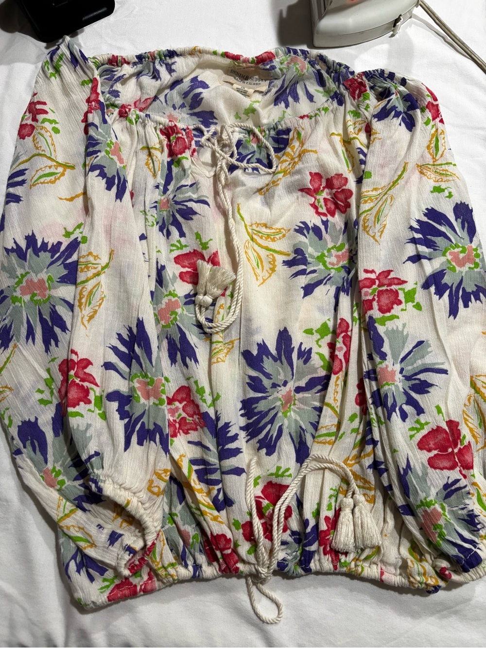 Floral Peasant Blouse - White with Purple & Pink Floral